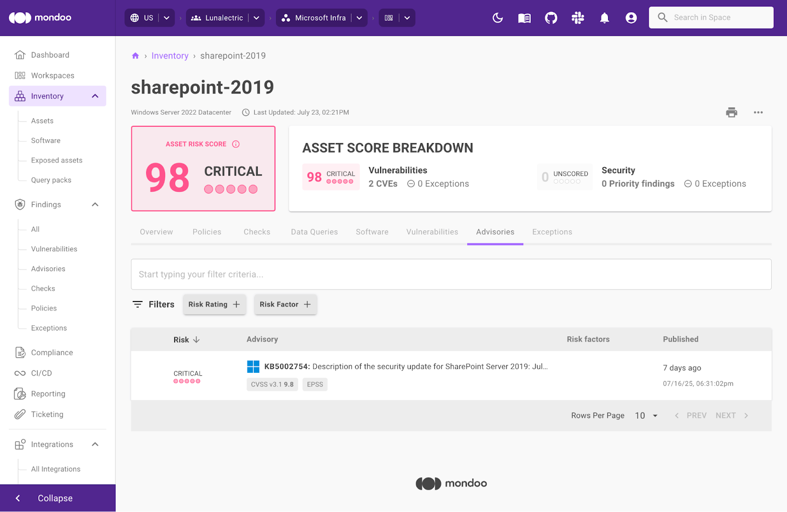 Mondoo detects CVEs on SharePoint