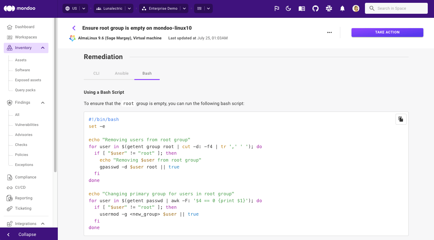 Remediation content in a finding