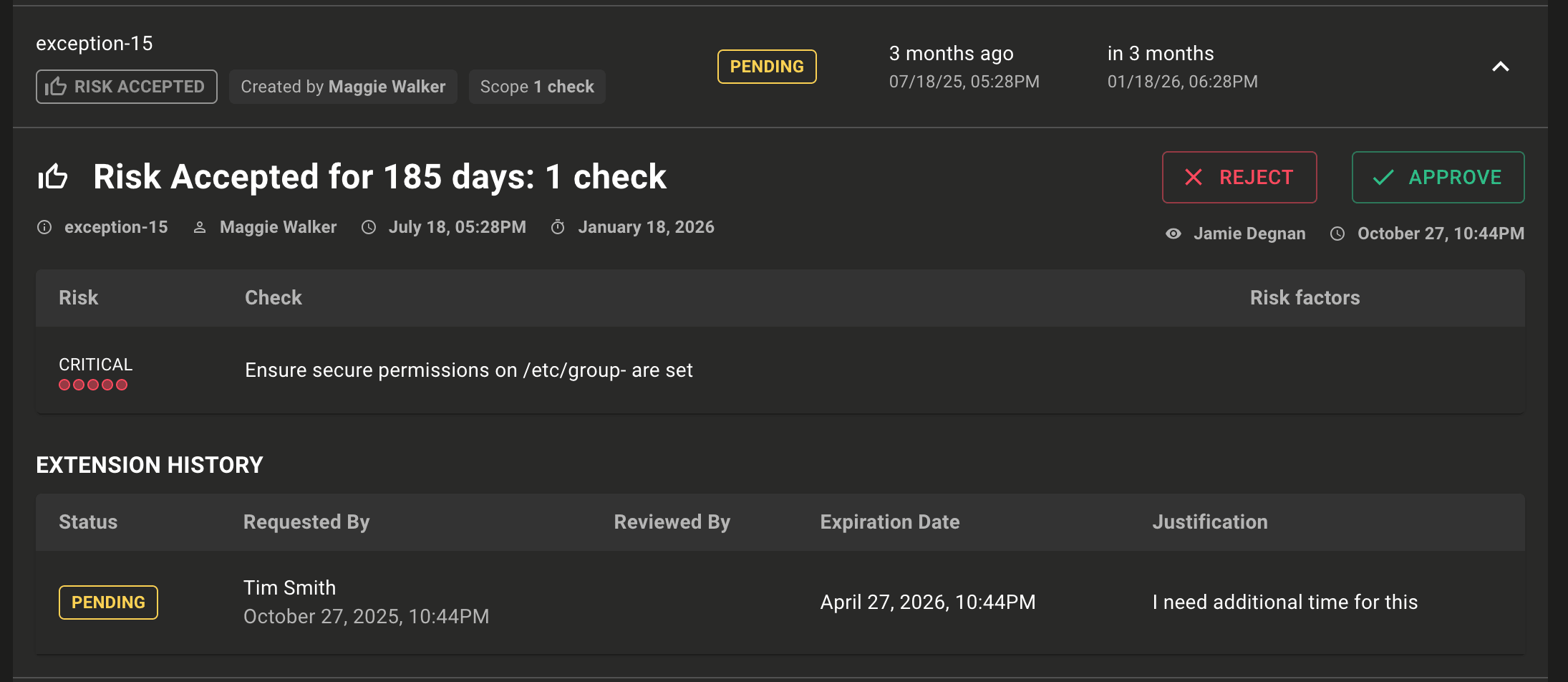 Exceptions in Mondoo show the full history of the setting