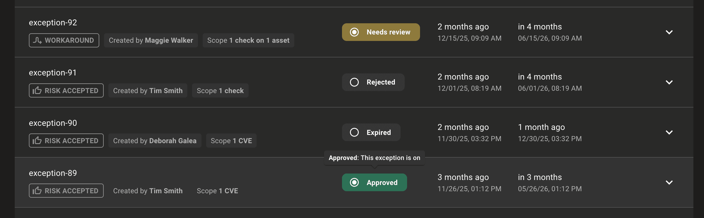 Exception status badges
