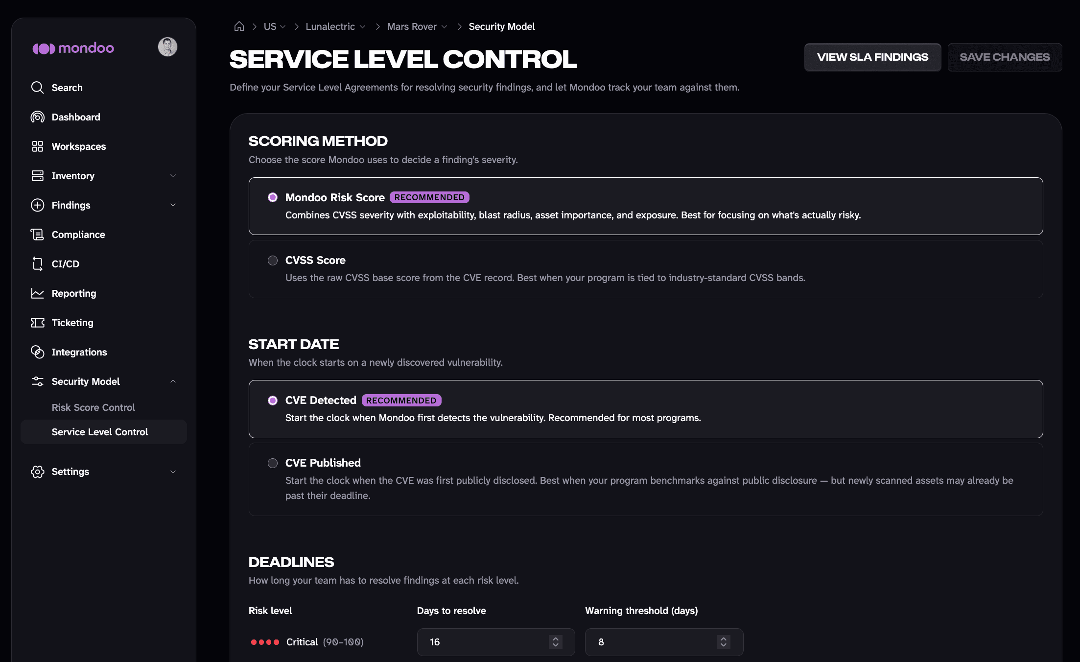 Configure Service Level Control with your scoring method, start date, and per-risk-level deadlines