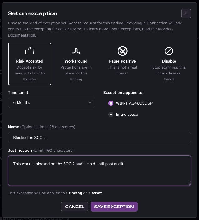 The Set an exception dialog, showing the optional Name field filled in with Blocked on SOC 2 alongside the exception type, time limit, scope, and justification