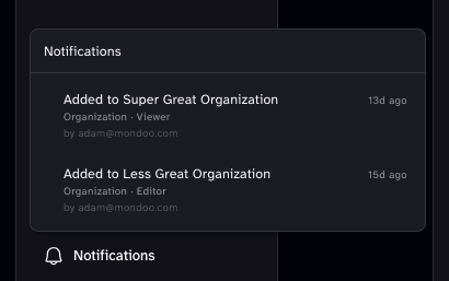 The notifications panel, listing organization memberships with the role granted and who granted it