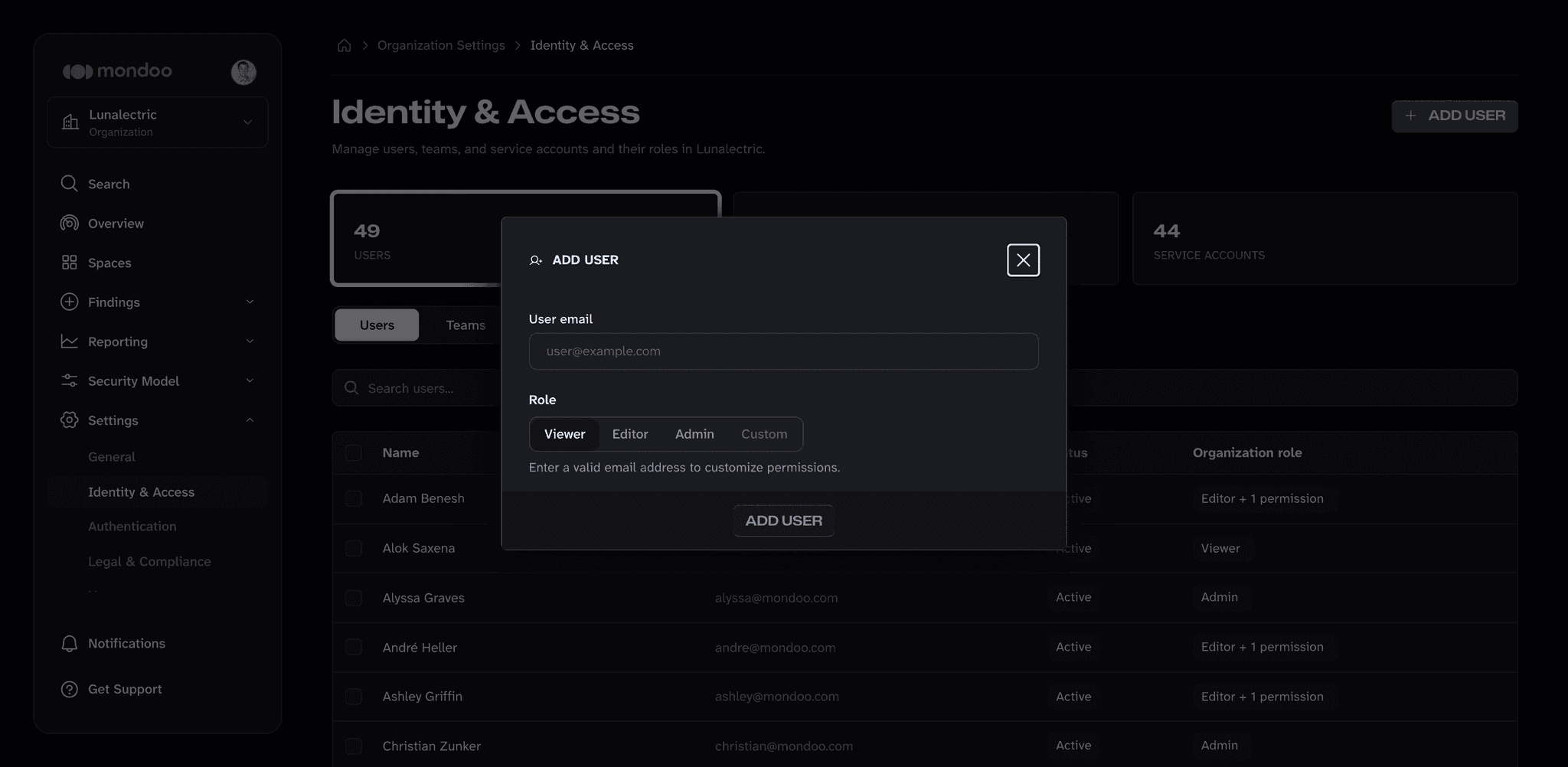 The Add User dialog in the Mondoo Console, with a User email box and Viewer, Editor, Admin, and Custom role choices