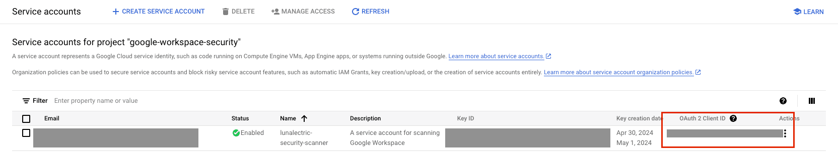 Google Service Account Client ID