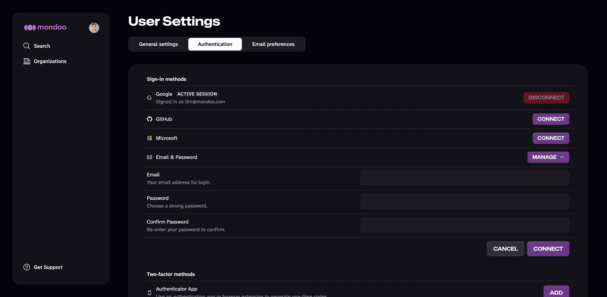 Mondoo email and password settings