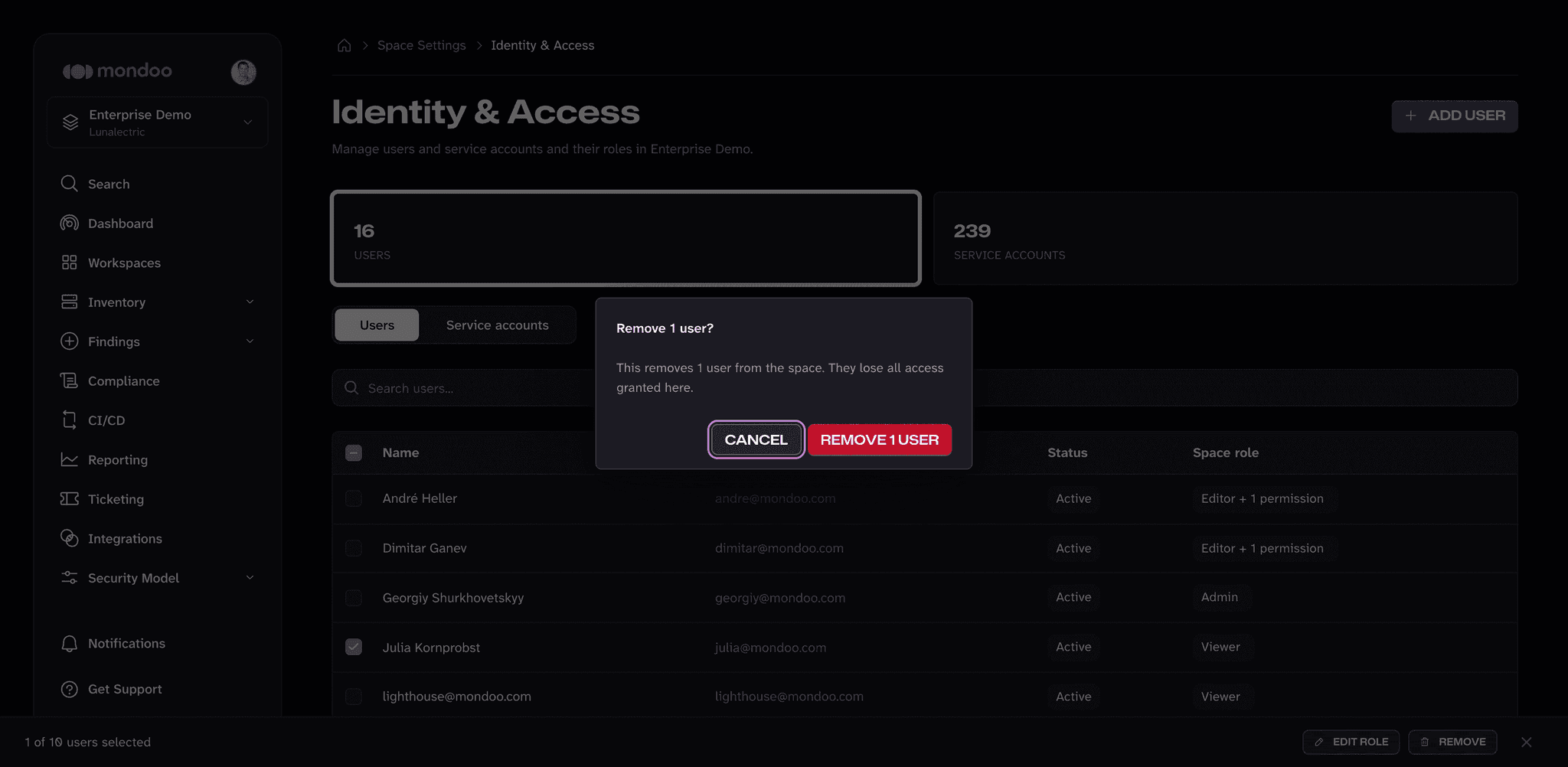 The Remove user confirmation dialog on the space Identity & Access page