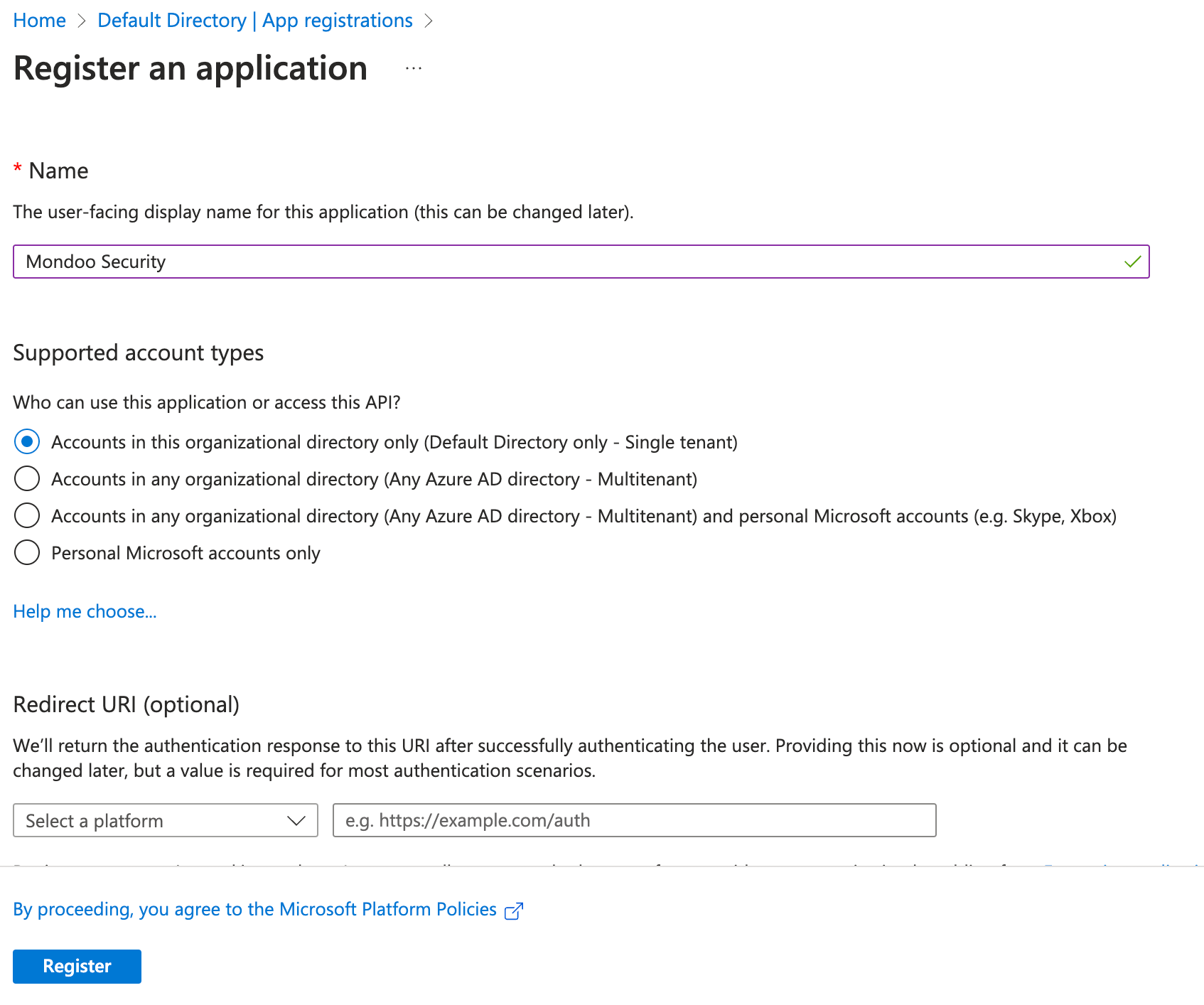 create a new app registration in Azure